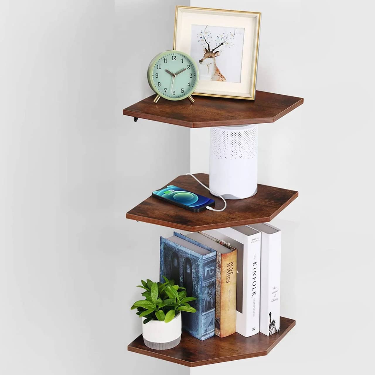 Burnt Brown Wall Mounted Wood Floating Corner Shelf Set